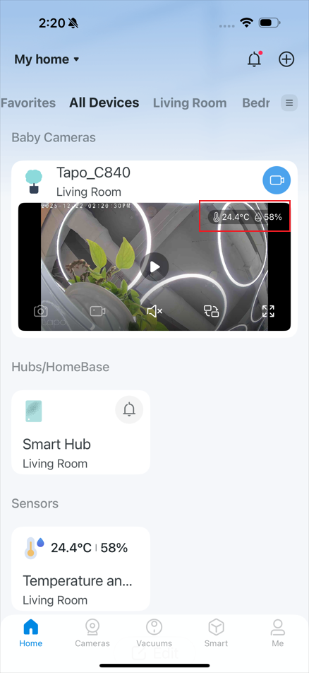 The location “temperature and sensor tags” on the camera’s screen.