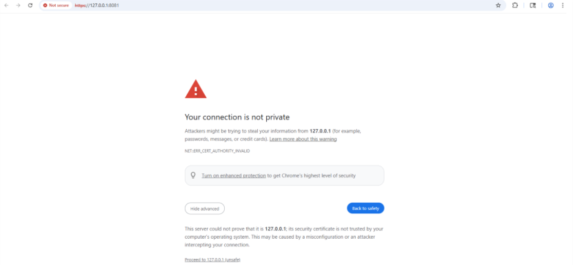 Untrusted certificate error message screen. 