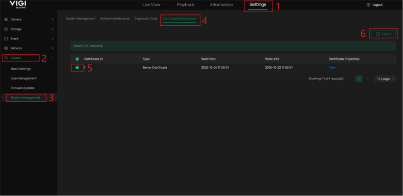 The certificate management interface within a VIGI IP Camera. 
