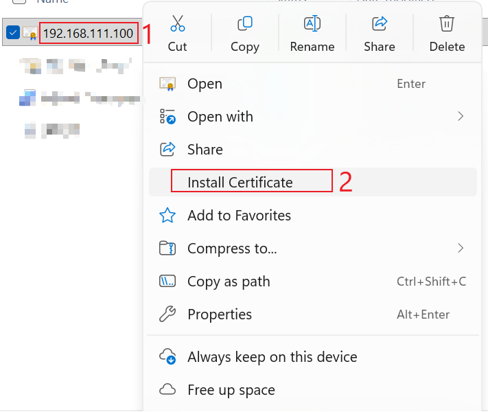 Installing the created certificate onto a Windows 11 computer. 