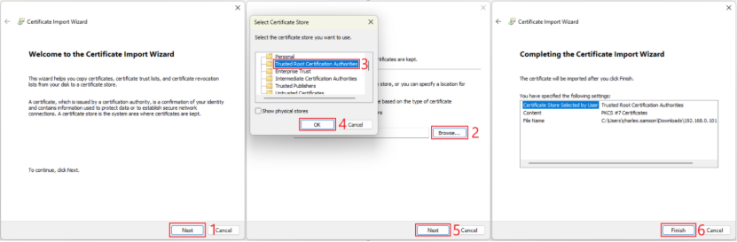 Steps to be taken through the Certificate Installation Wizard. 