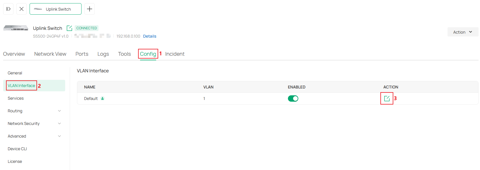 Show the process of entering switch VLAN Interface configuration page.
