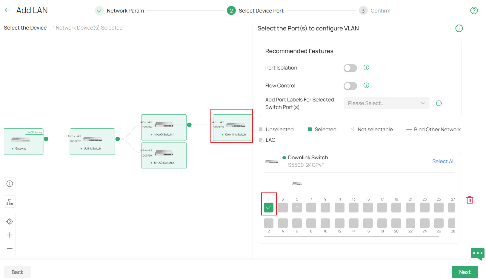 Show the process of choosing access ports for a new created LAN.