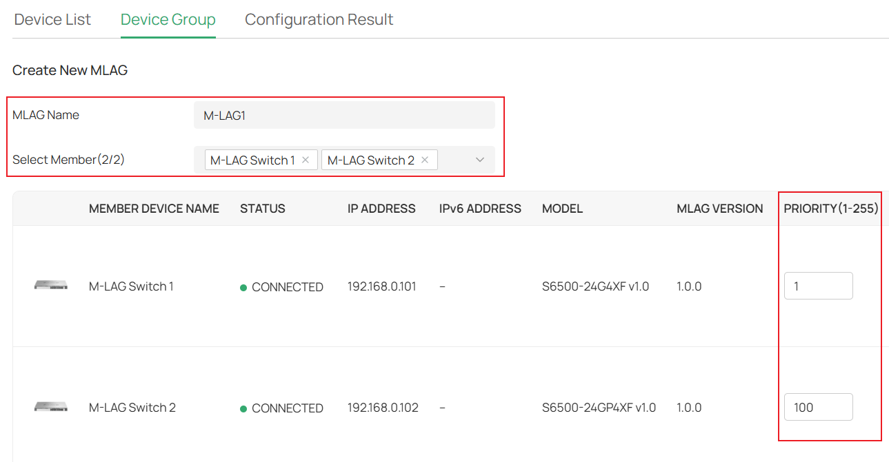 Show the M-LAG configuration page.
