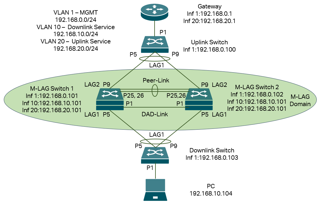 The topology for M-LAG system handling layer 3 forwarding.