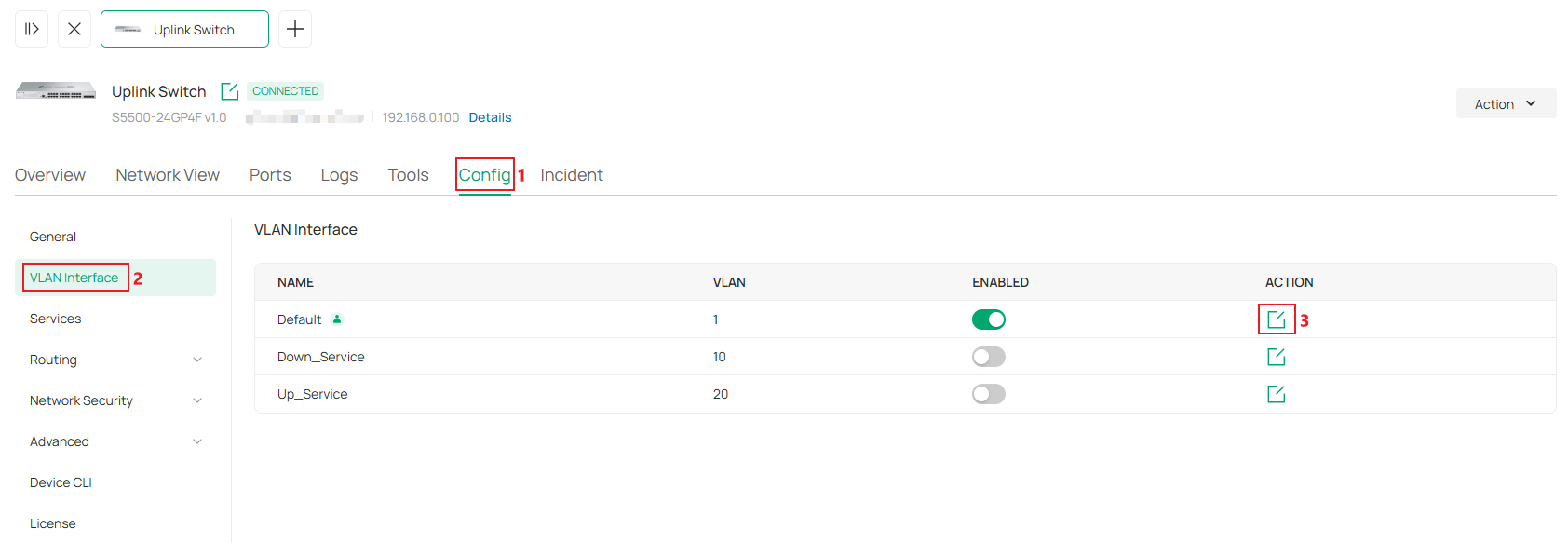 Show the process of entering switch VLAN Interface configuration page.