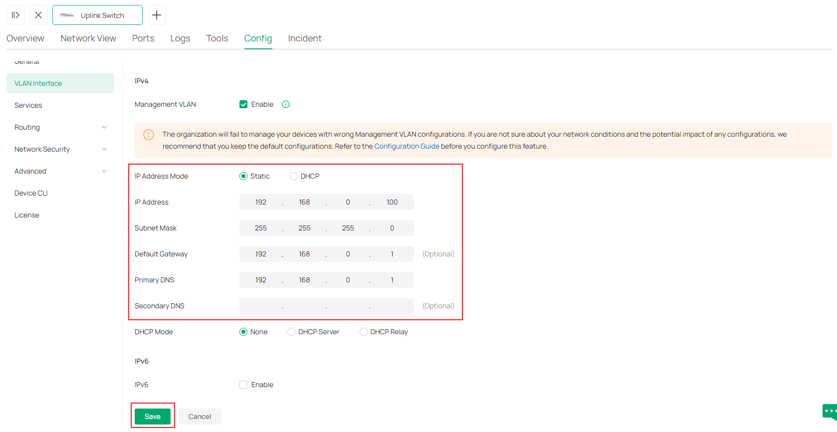 Show the process of configuring static IP for switch.