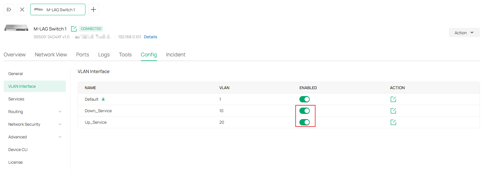 Show the process of enabling VLAN interface for switch.