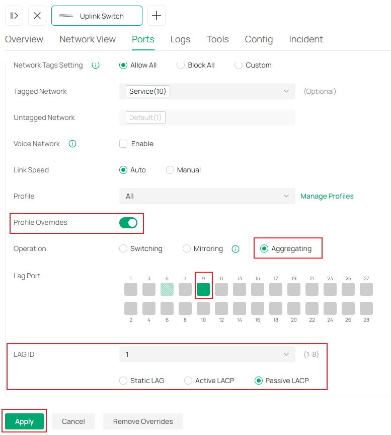 Show the switch port LAG configuration page.