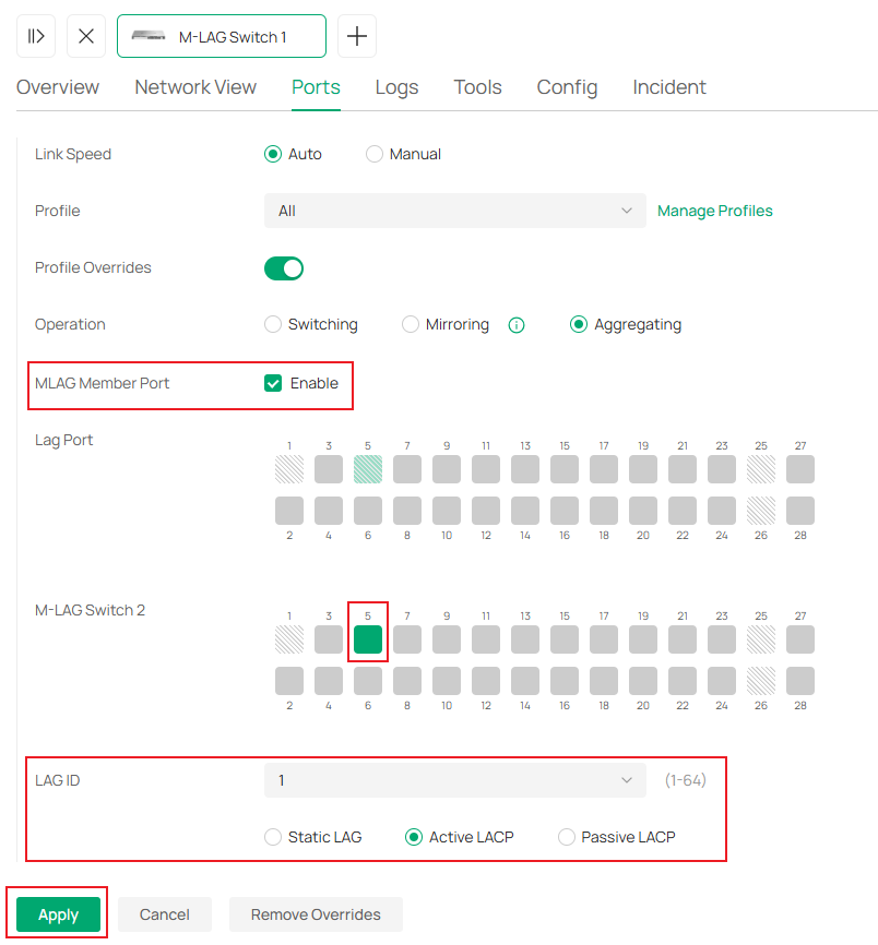 Show the switch port LAG configuration page.