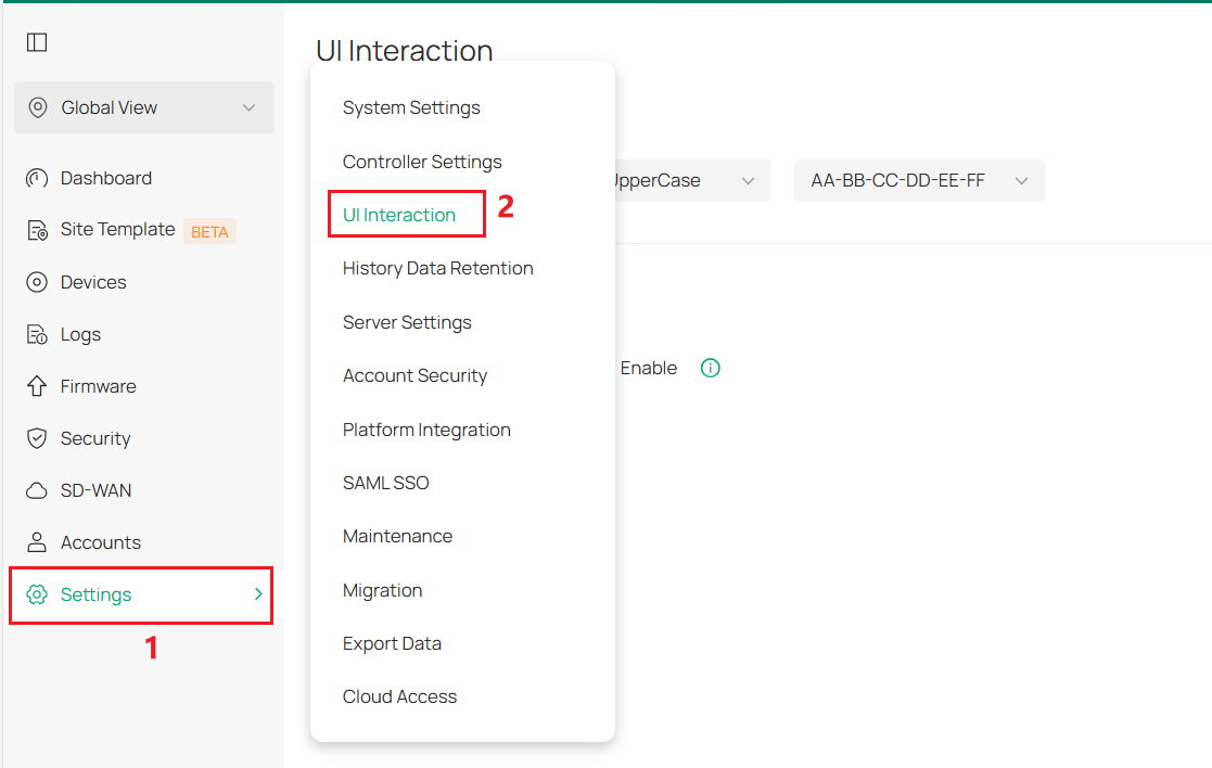 UI Interaction in the Global Settings.