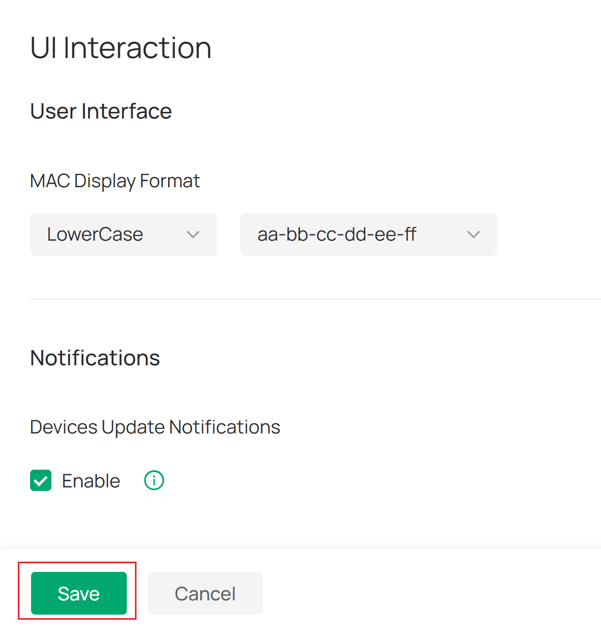 Save button below the MAC format configuration page.