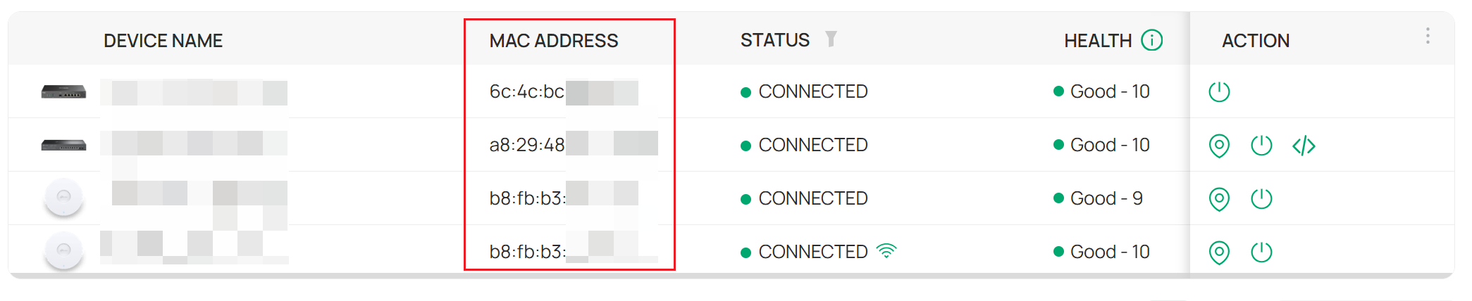MAC address in the device list.