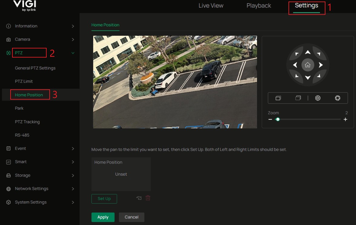 Navigating to the Home Position menu.