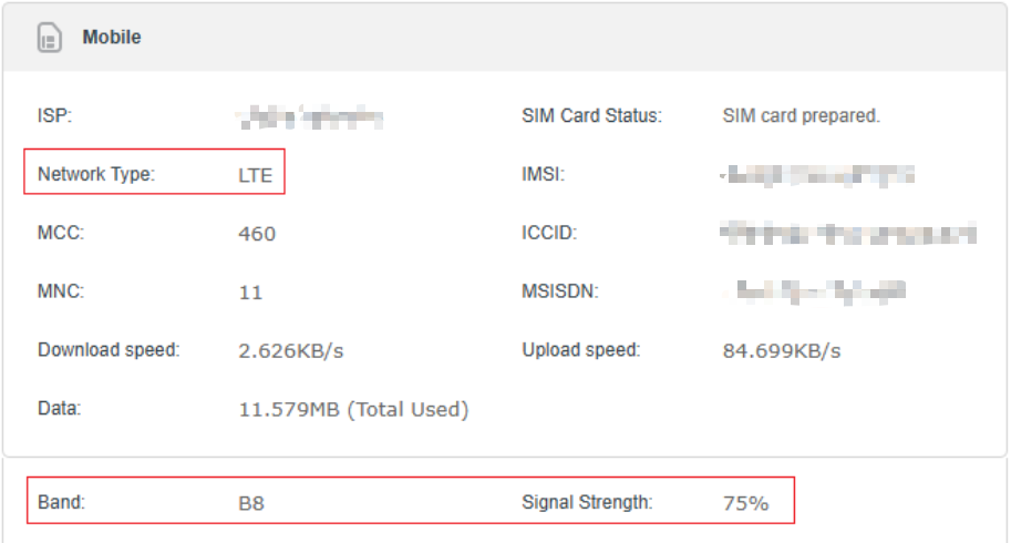 You can check whether the network type is in LTE mode, the Band information, and whether the signal strength is at a relatively high level.