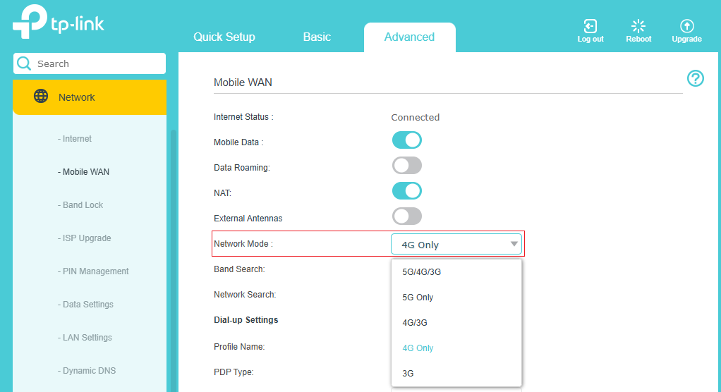 Change Network Mode from "Advance -> Mobile WAN -> Network Mode" to "4G only" mode.