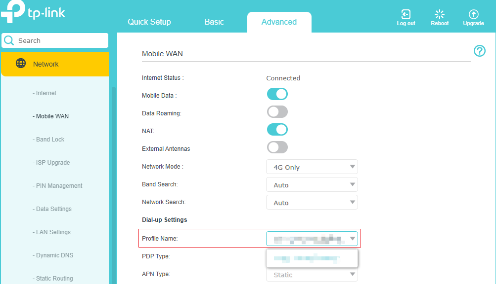 Check if there are other available profiles listed on the drop-down list of Profile Name on Advanced->Network-> Mobile WAN page.
