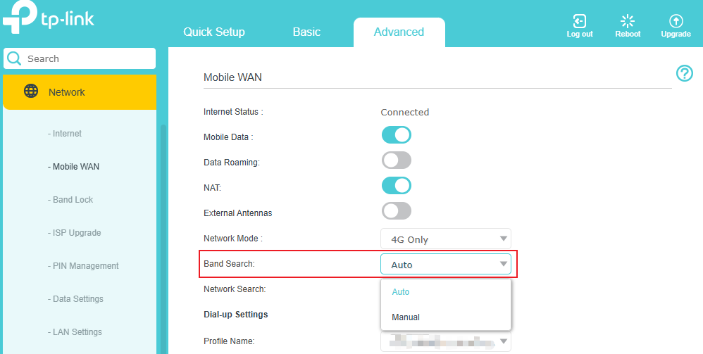 try to change the band from Auto to Manual and try to the best band one by one.