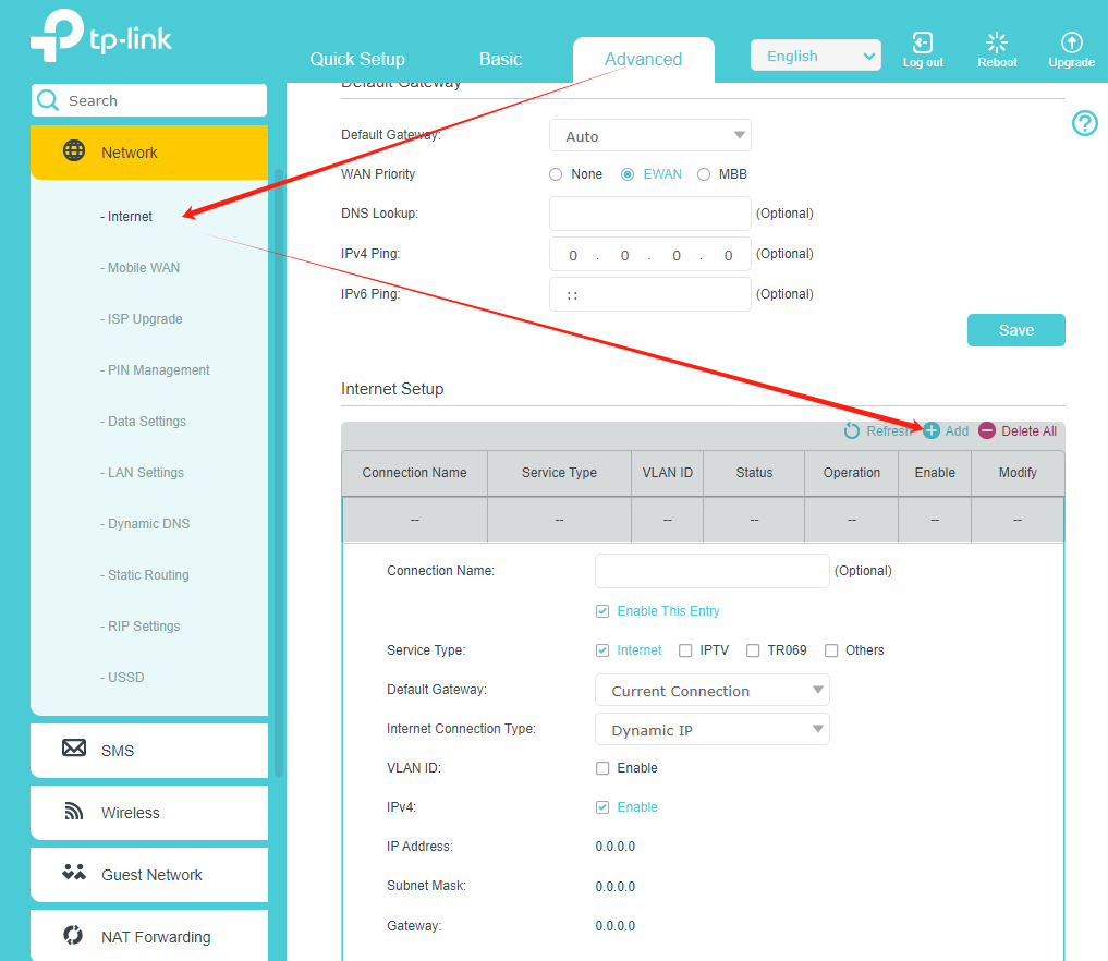 Advanced > Network > Internet page.