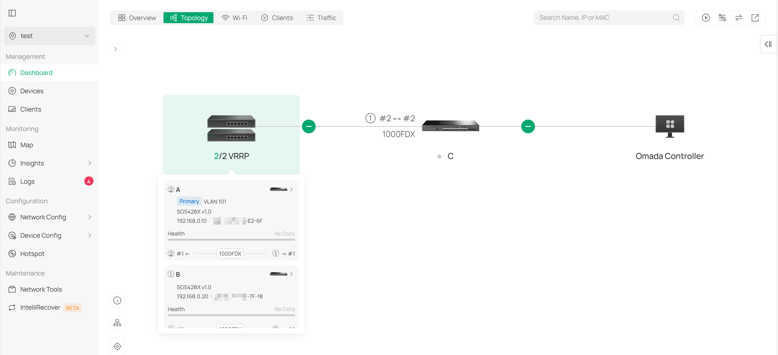 View the effect after VRRP configuration in the topology display.