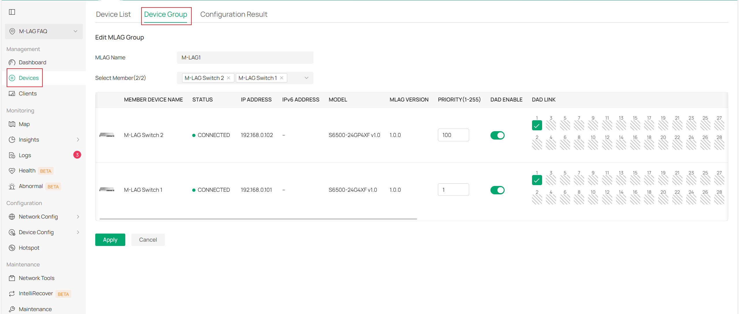 Configuration of M-LAG switches.