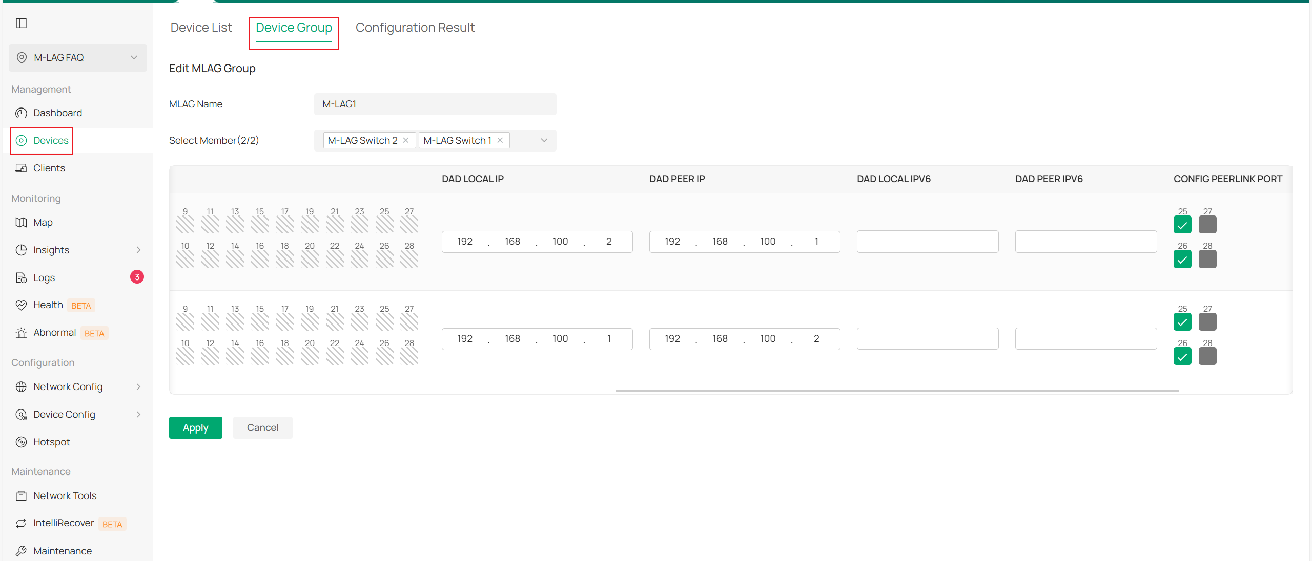 Configuration of M-LAG switches.