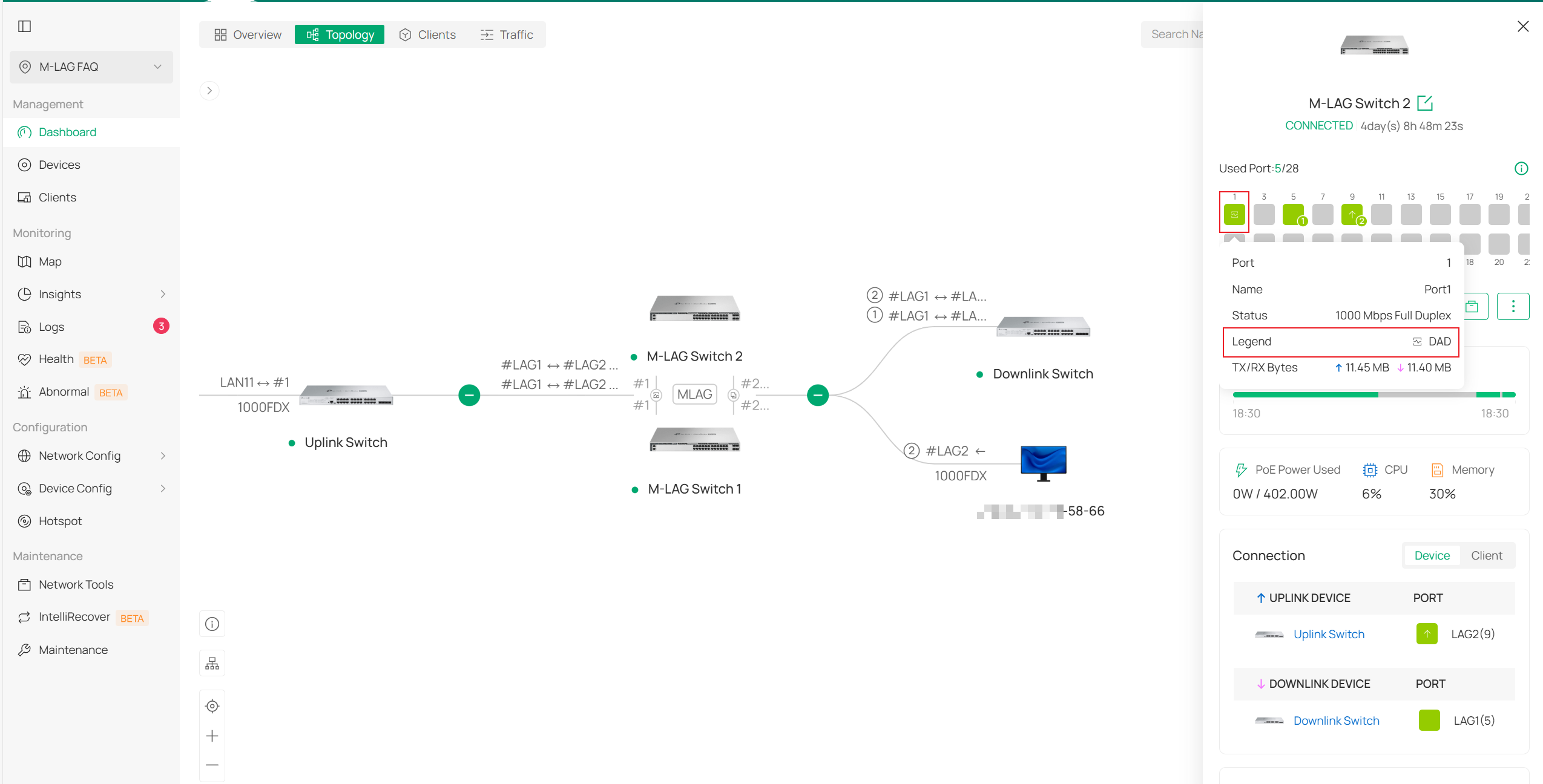 Viewing the DAD port of the switch displayed in the topology.