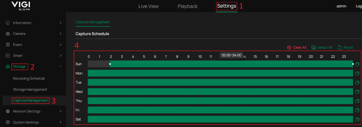 A weekly time-slot schedule showing when Capture is enabled or disabled for each day.