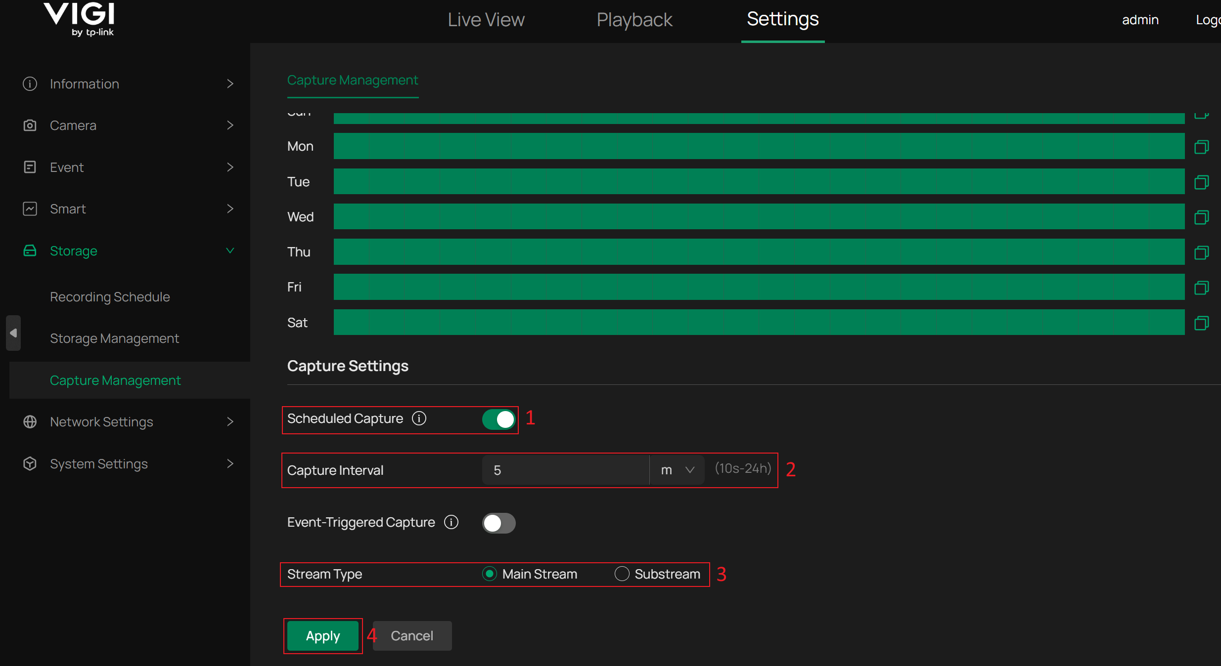 Enable Scheduled Capture, set Capture Interval, and Stream Type of capture.