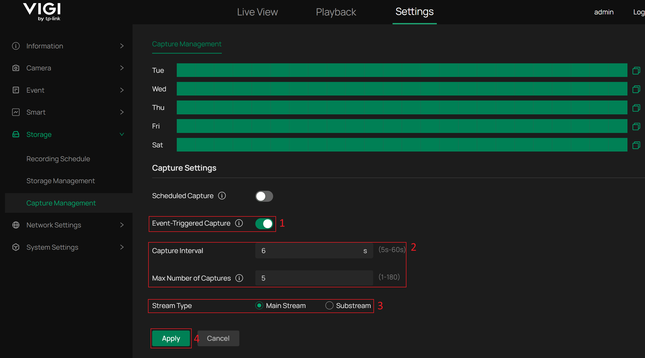 Enable Event-Triggered Capture, set Capture Interval, Max Number of Captures, and Stream Type of capture.