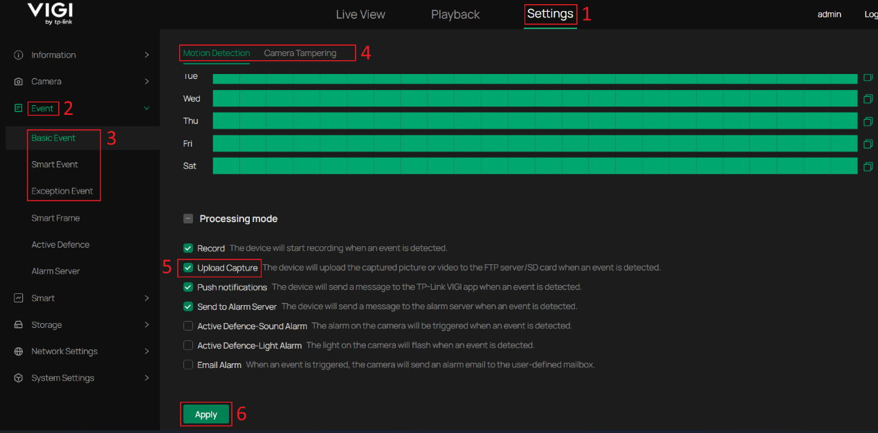 Enable Upload Capture for Motion Detection so that images are captured when a motion event is triggered.