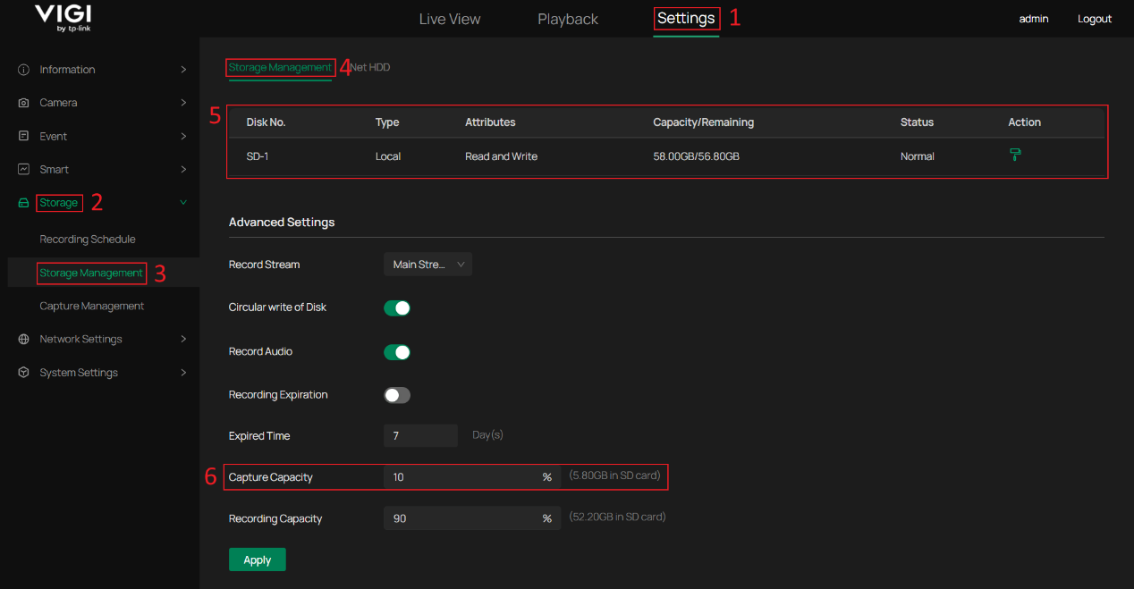 Confirm the SD card status and Capture Capacity settings.
