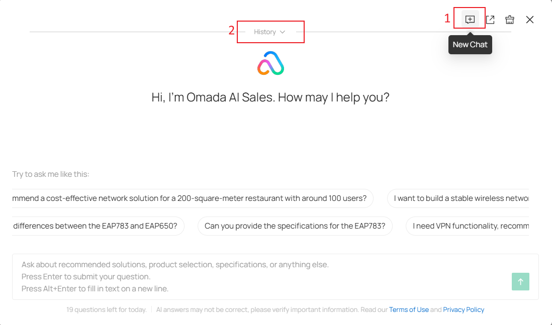 Show the location of new chat and history.