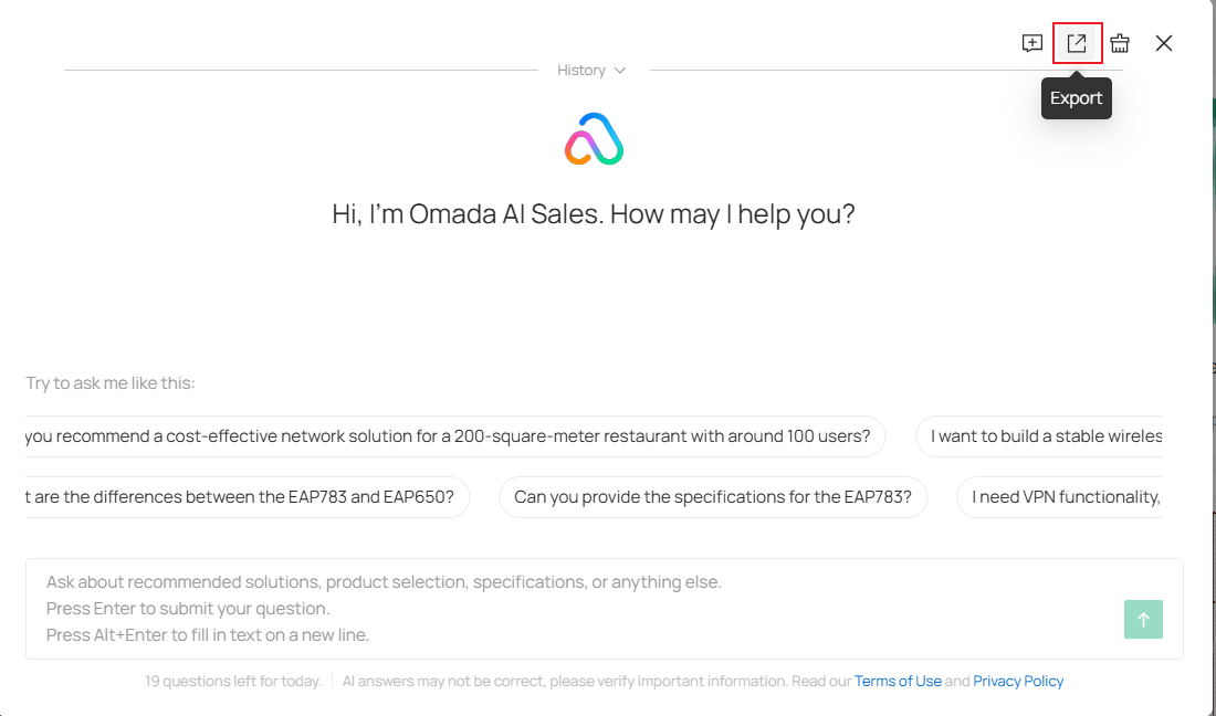 The position of the export button.
