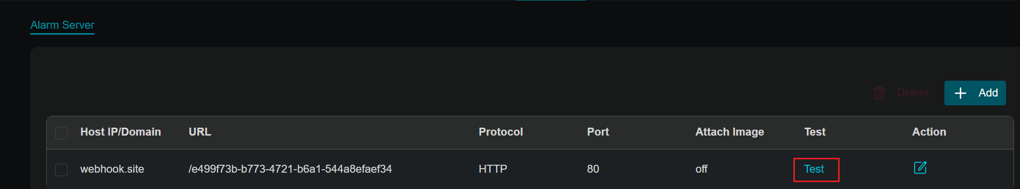 Click the “test” button to check the connection status.