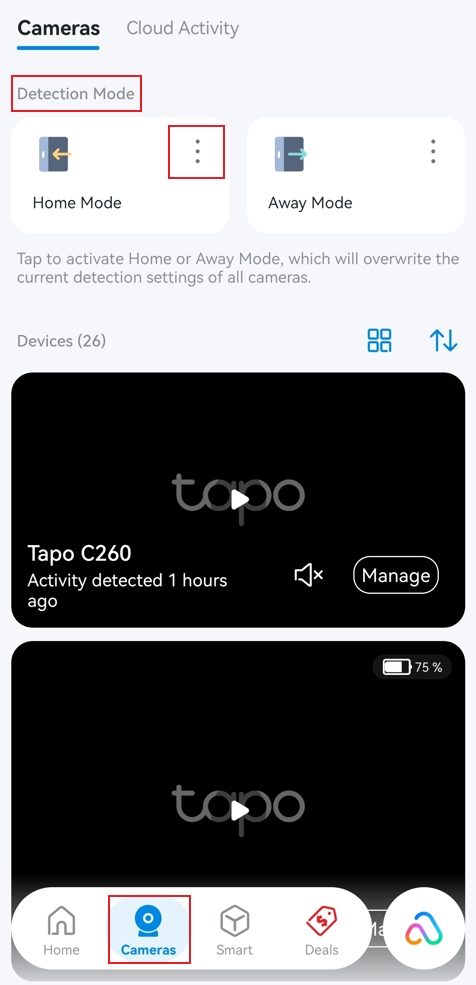 Home Mode and Away Mode card in Tapo app Cameras page.