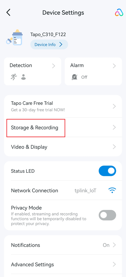Tap Storage & Recording in camera device settings page.