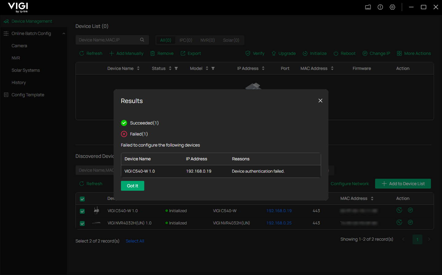 Display an error message indicating that adding the device failed.