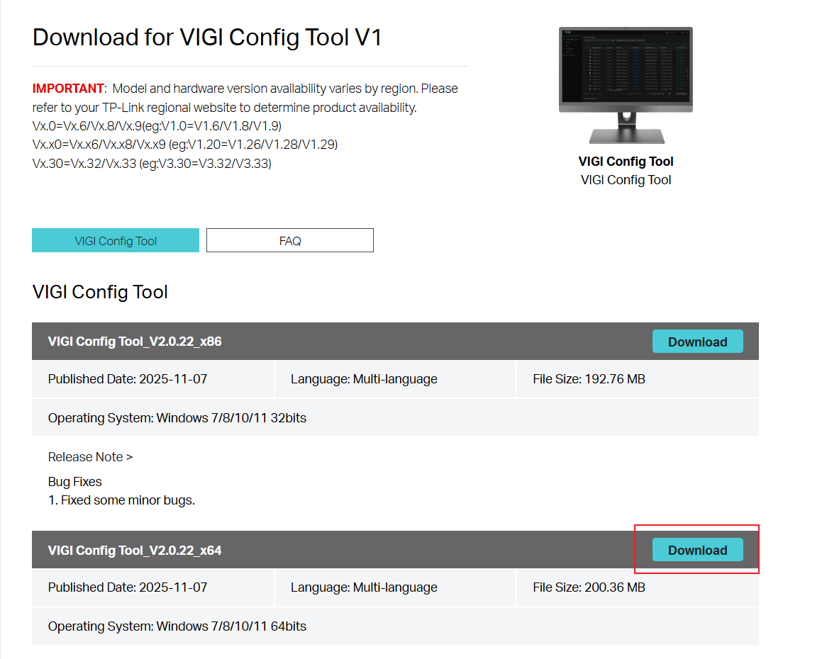 Show the VIGI config tool download interface.