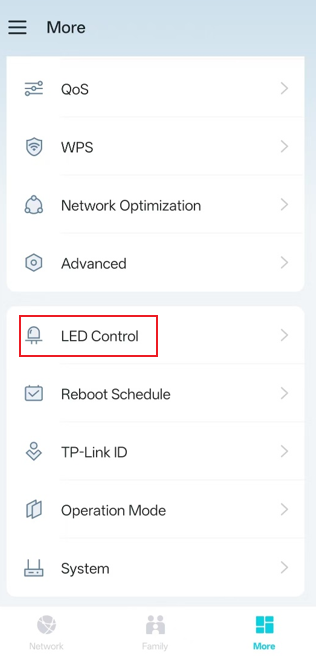 The LED Control position on the More page.