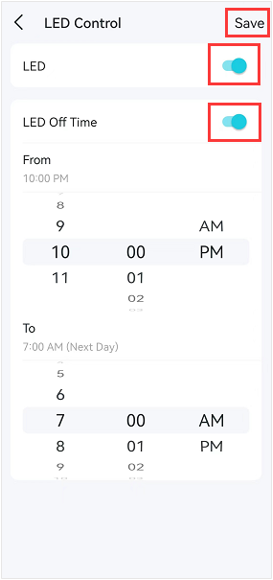 The LED Control setting page.