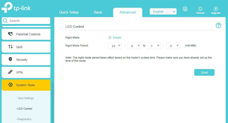 The LED Control setting page.