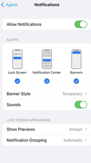 The Notification settings on an iOS device.