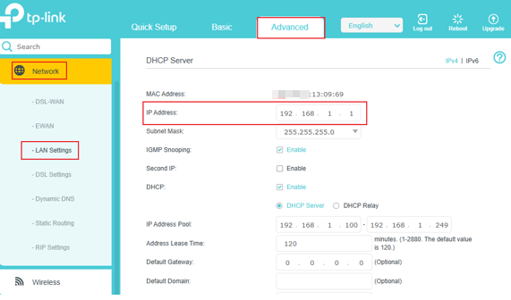 LAN Settings page in the web interface.