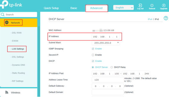 The LAN Settings page in web interface.