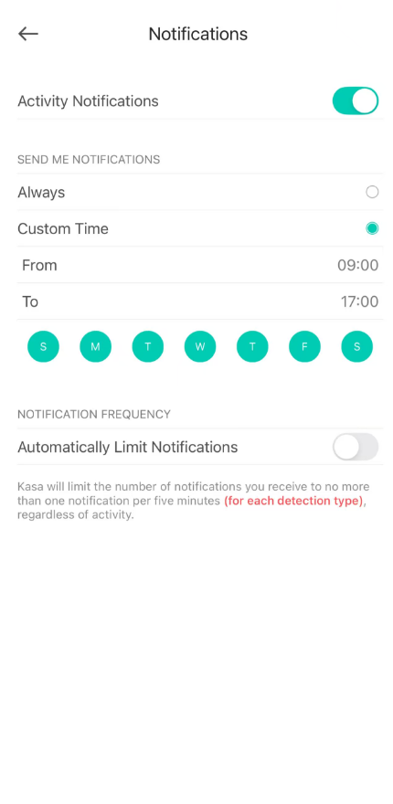 Options for setting notification delivery to Always or Custom Time.