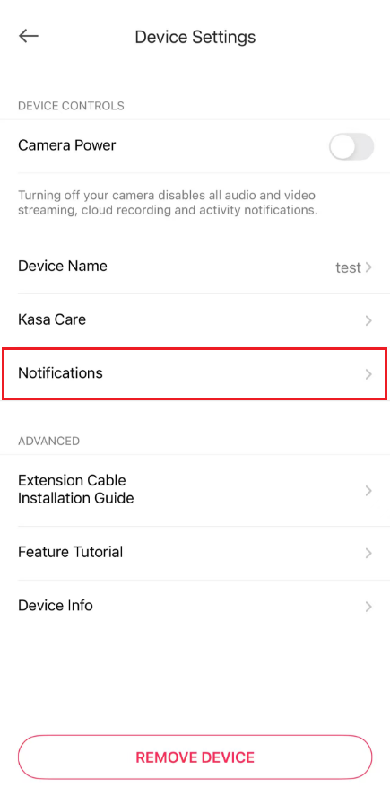 The location of “Notifications” button in app.