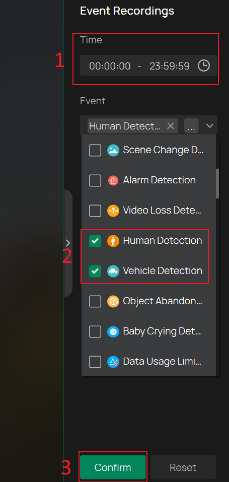 Check the boxes for Human Detection and Vehicle Detection, and select the time period.