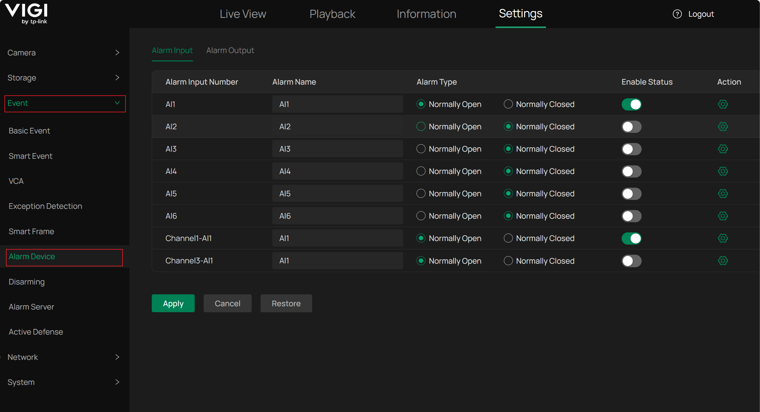 Configure Alarm Input.