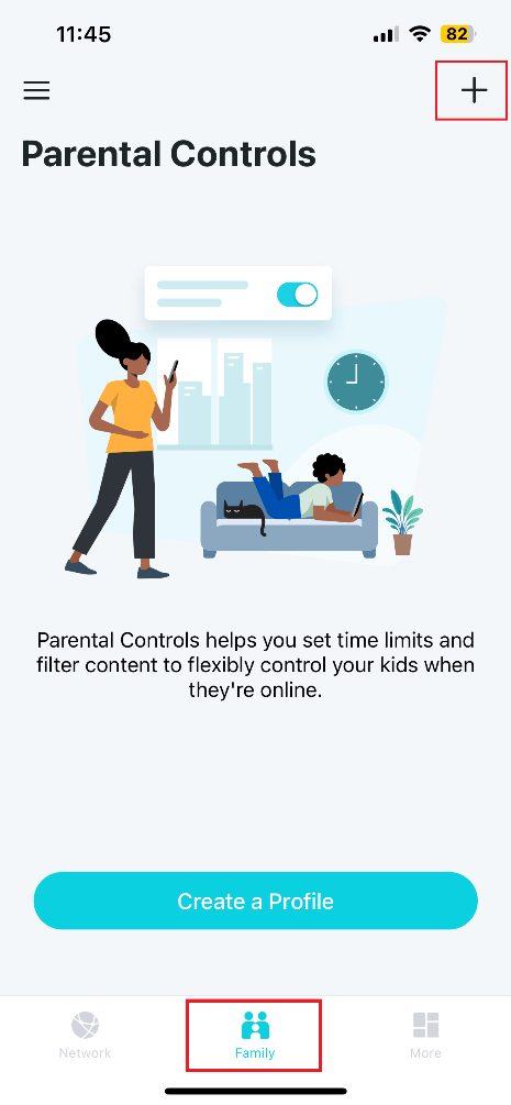The + button in the upper right corner of the Family page.